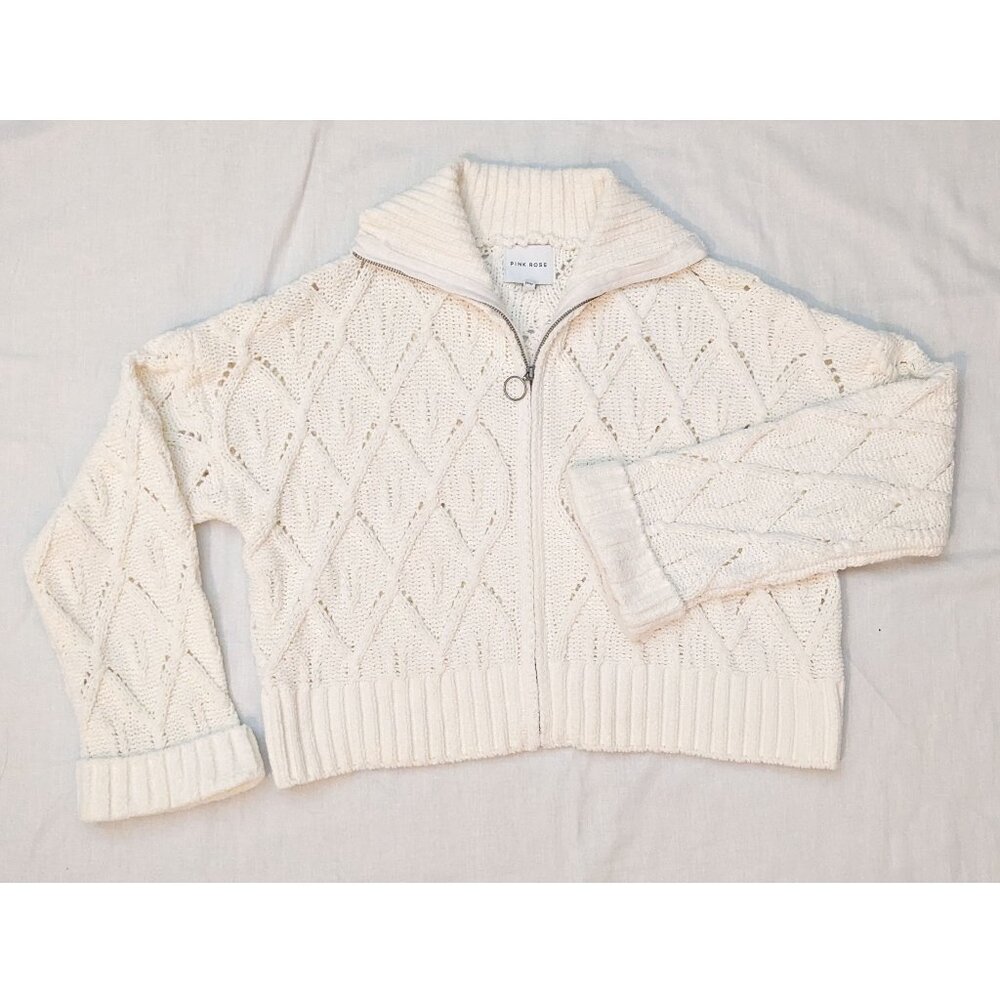Pink Rose - White Cropped Chunky Sweater with Folded Sleeve and Collar Size M